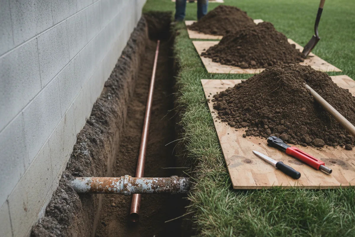 Excavated water line trench during Sewer Line Repair in Vermontville